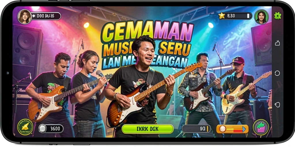 Screenshot gameplay D73 menampilkan pengguna menikmati permainan musik yang seru.
