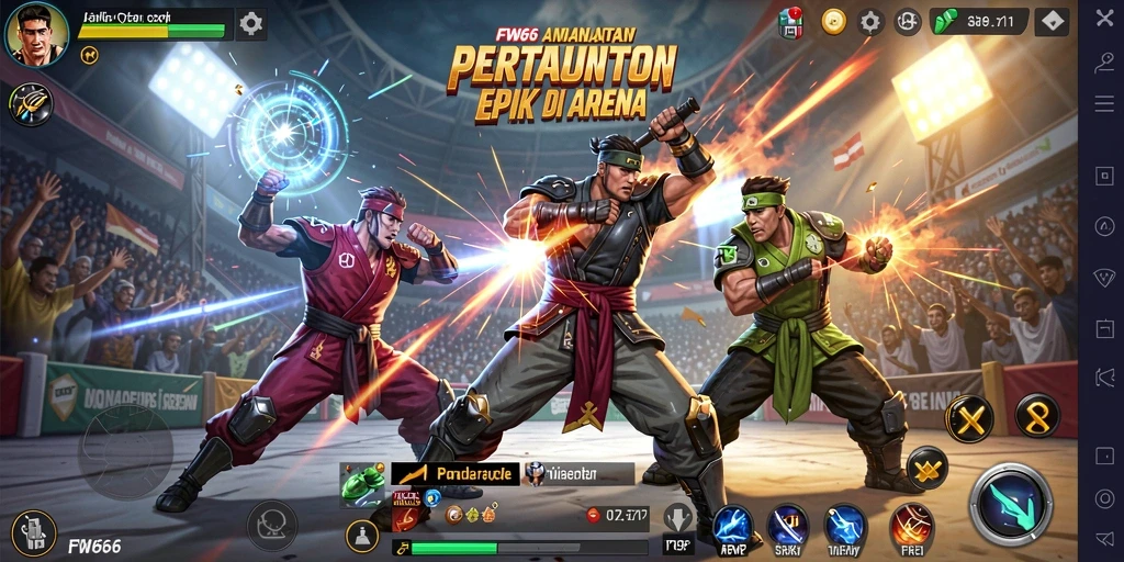 Screenshot FW66 menampilkan karakter bertarung di arena yang menegangkan.