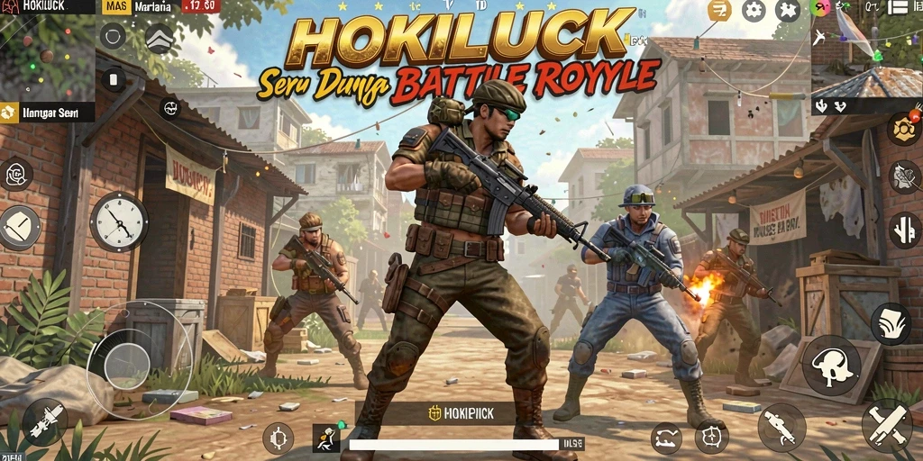 Screenshot HOKILUCK menampilkan aksi pertarungan Battle Royale yang mendebarkan.