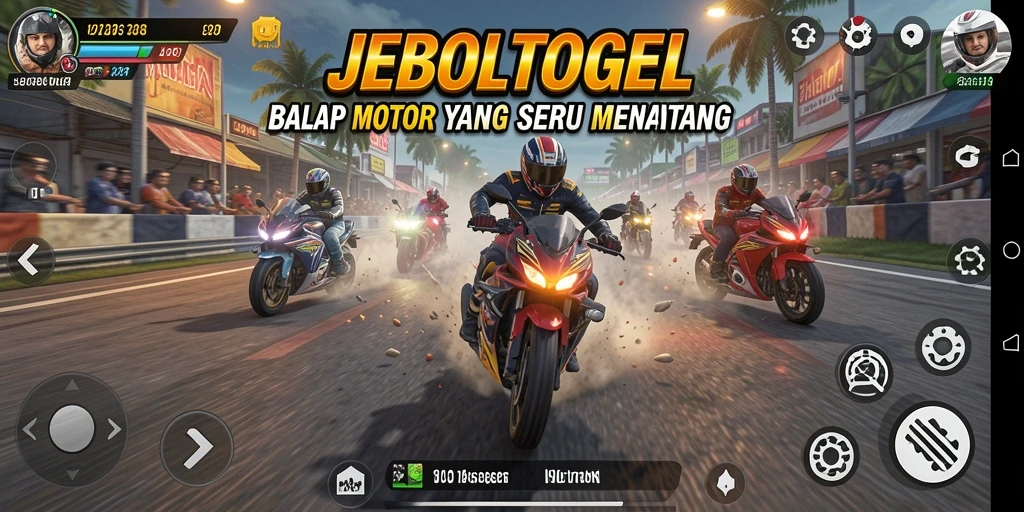 Screenshot gameplay JEBOLTOGEL yang menampilkan aksi balap motor yang mendebarkan.