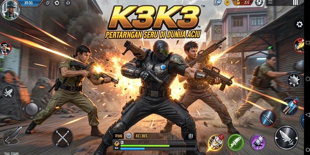 Tangkapan layar utama K3K3 menampilkan aksi pertempuran yang mendebarkan.