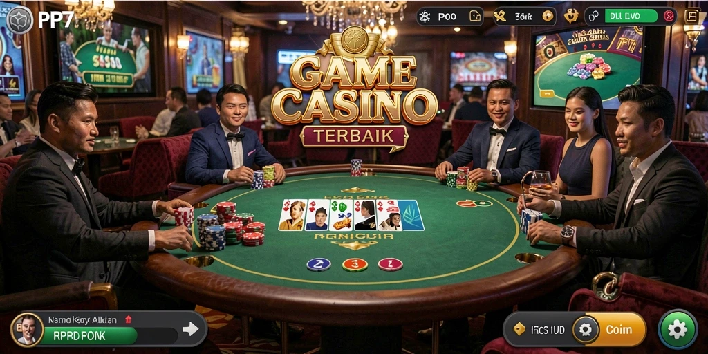 Screenshot gameplay PP7 menunjukkan dealer langsung dan suasana kasino yang menegangkan.