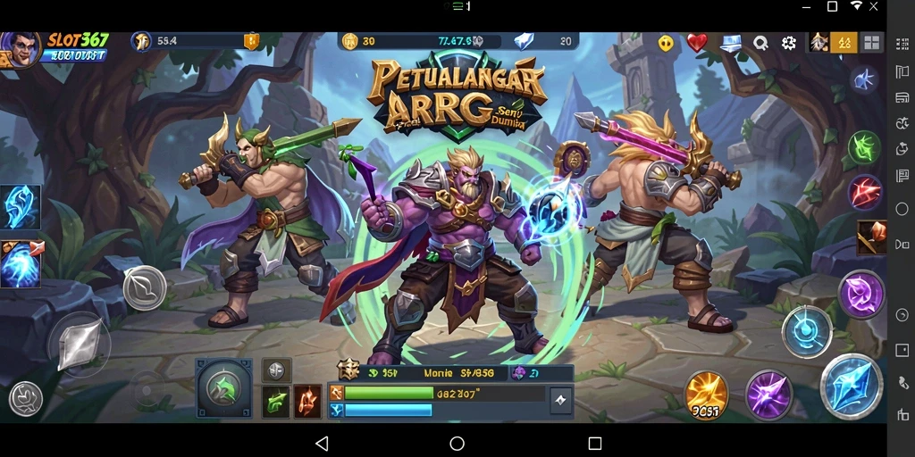 Tangkapan layar gameplay SLOT367 menampilkan pertarungan epik dan berbagai karakter.