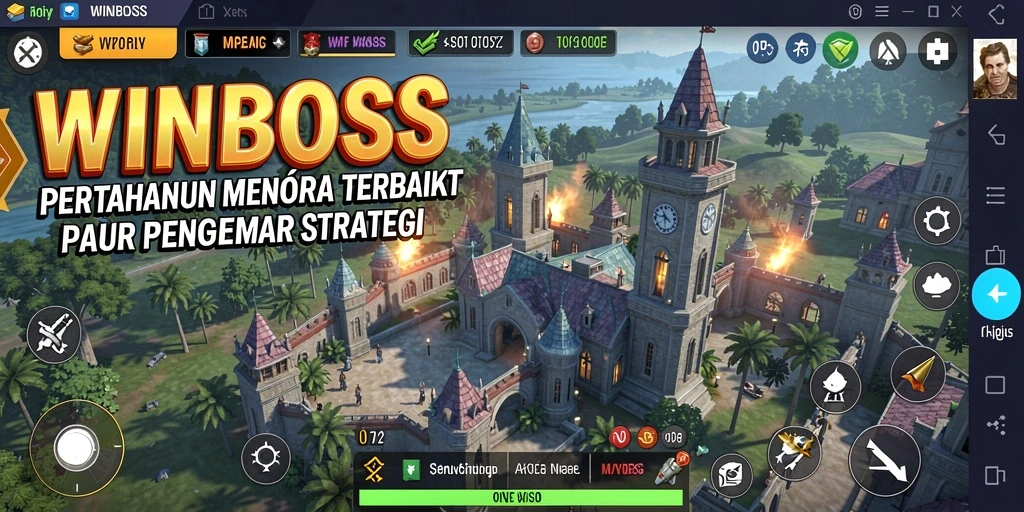 Screenshot gameplay WINBOSS menampilkan menara menakjubkan dan strategi pertahanan.